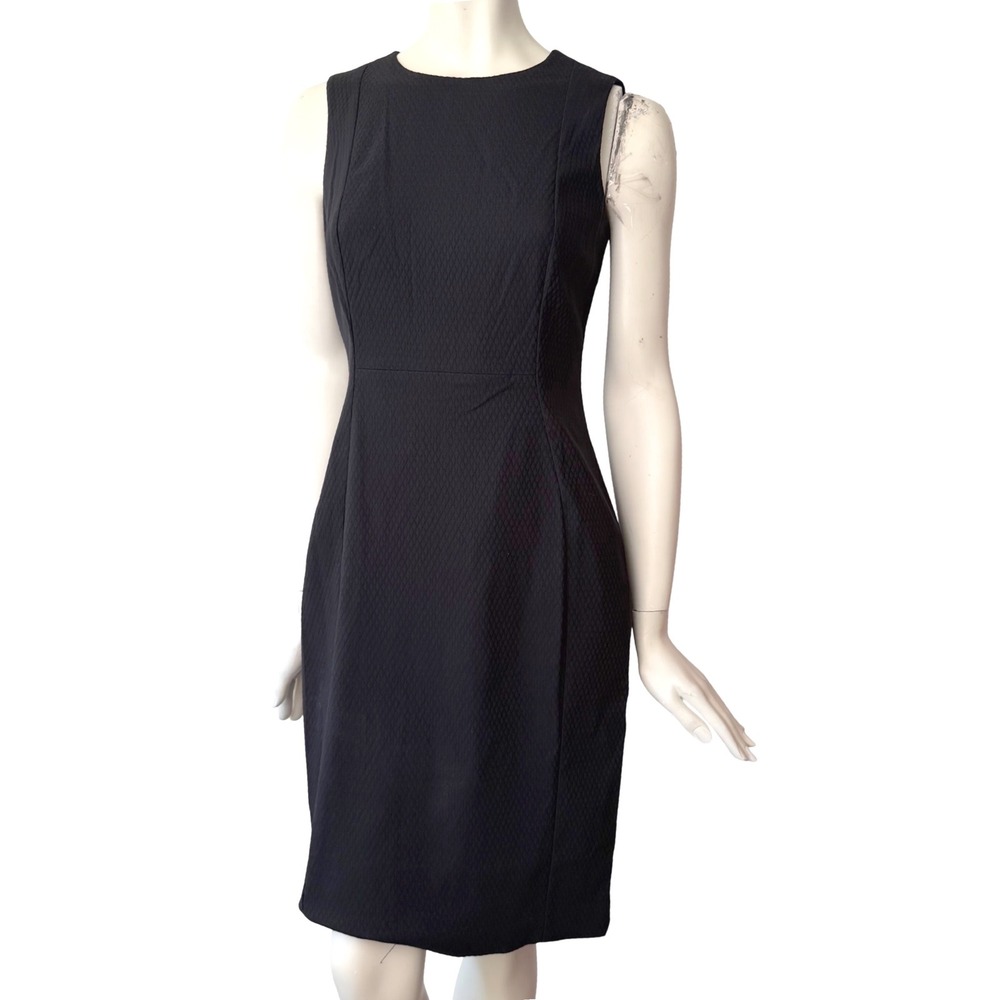 Calvin Klein Sheath Dress Gold Zipper Textured Black Corporate Chic LBD Sz 8